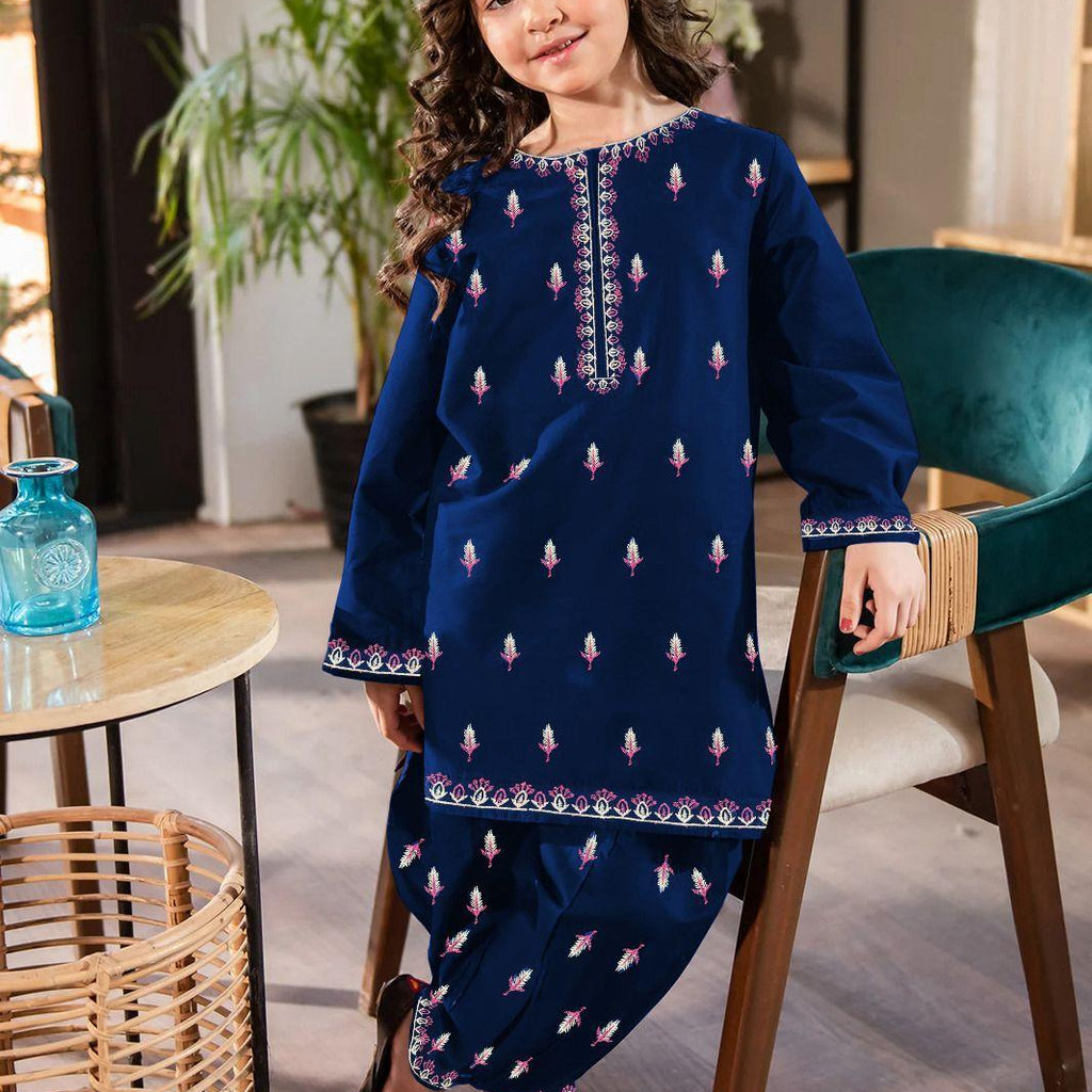 2 Pcs Girl's Stitched Cotton Embroidered Kurta