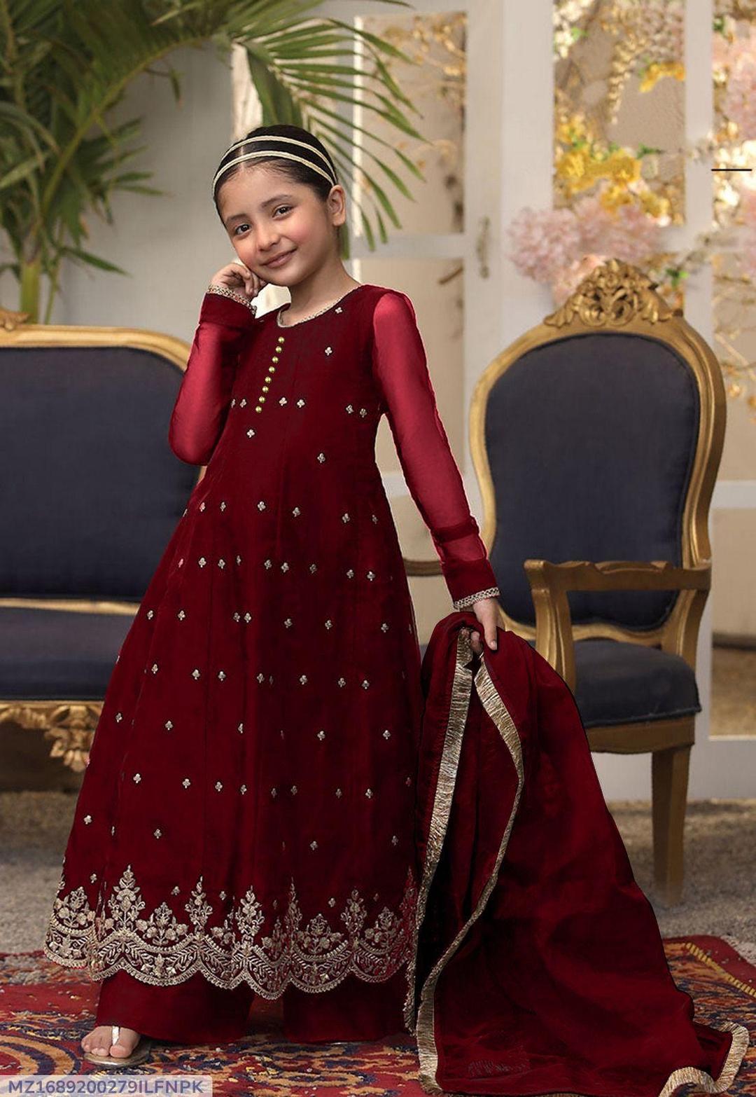 3 Pcs Girl's Chiffon Embroidered Frock And Trouser Set