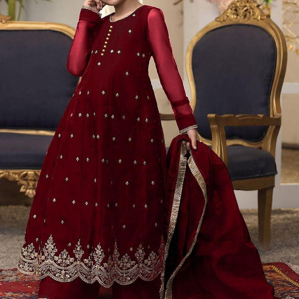 3 Pcs Girl's Chiffon Embroidered Frock And Trouser Set