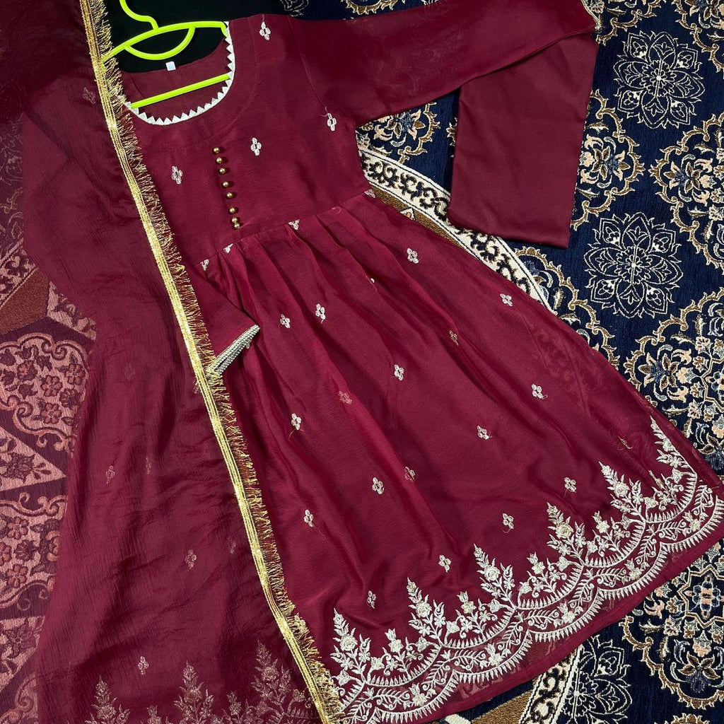 3 Pcs Girl's Chiffon Embroidered Frock And Trouser Set