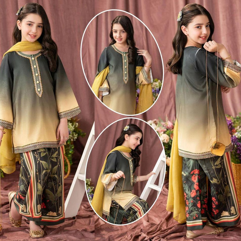 3 Pcs Girl's Arabic Lawn Printed Co-ord Set