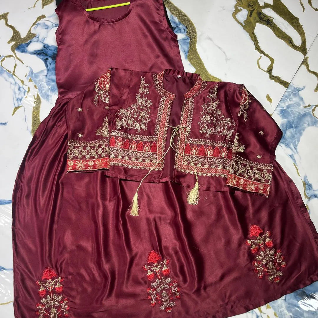 2 Pcs Girl's Silk Embroidered Maxi & Jacket
