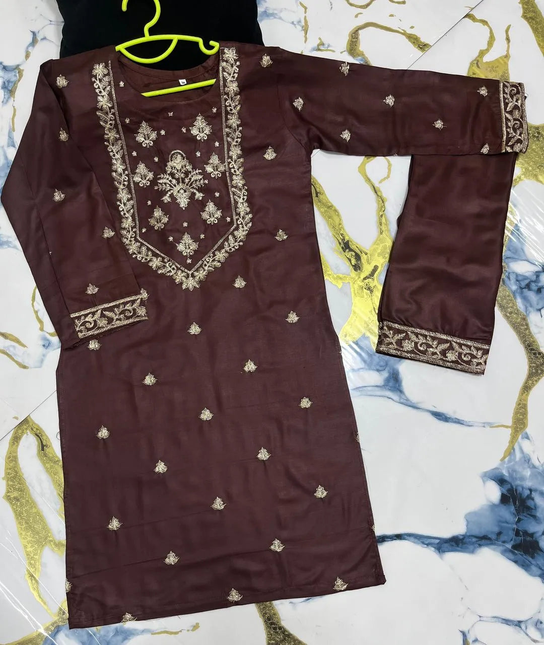 2 Pcs Girl's Linen Embroidered Kurta And Trouser