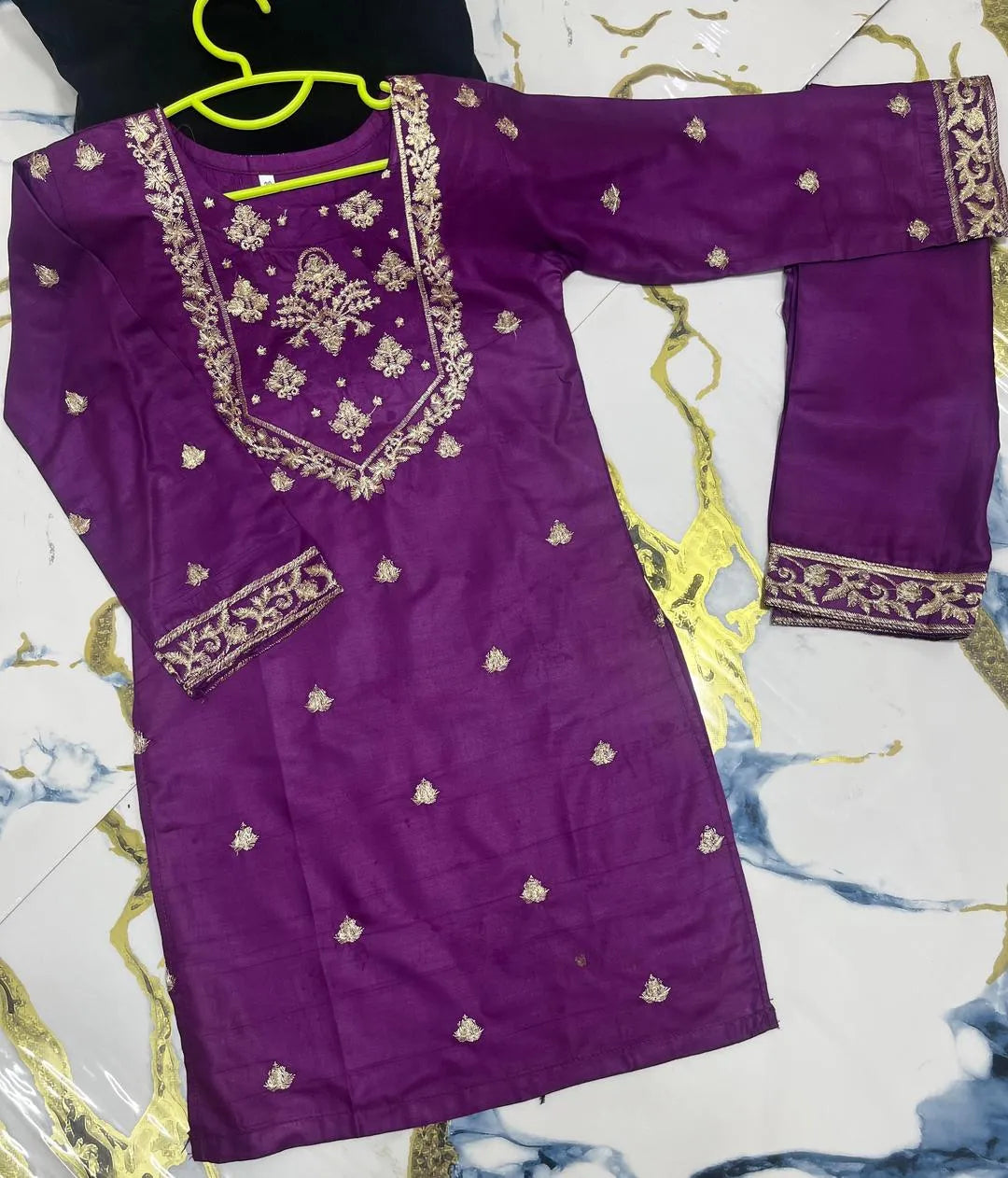 2 Pcs Girl's Linen Embroidered Kurta And Trouser