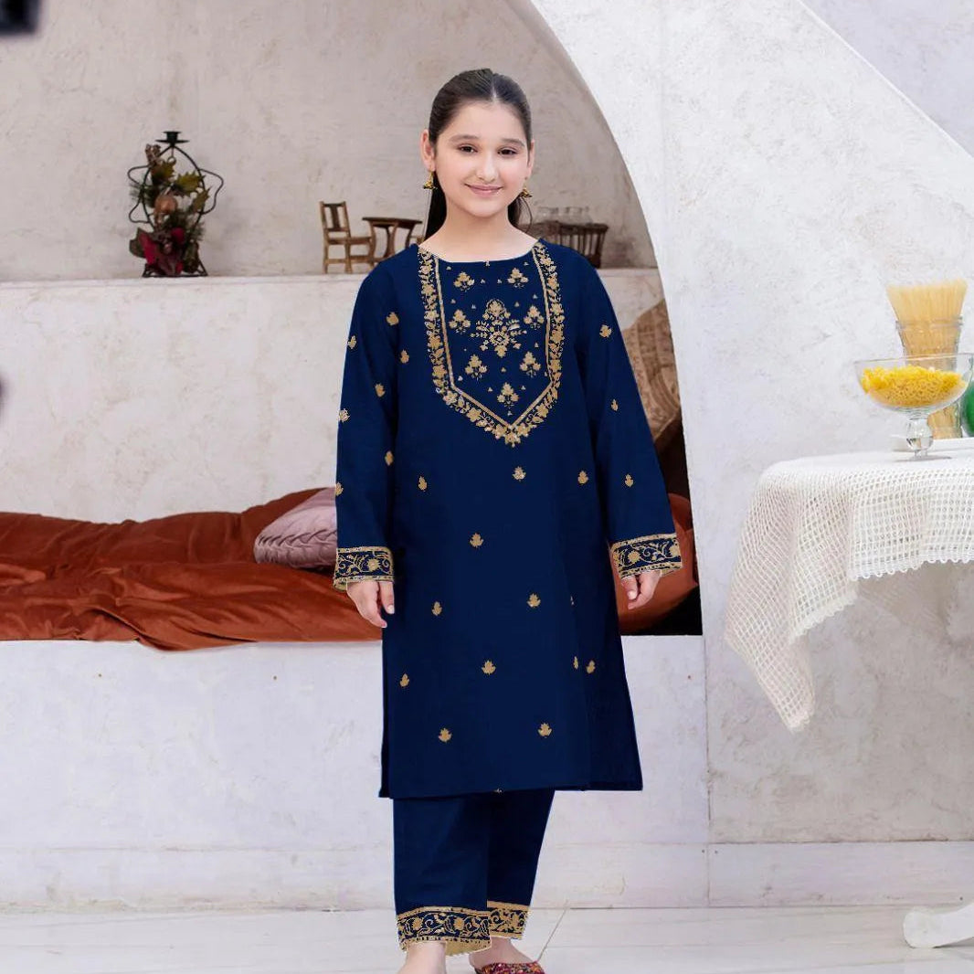 2 Pcs Girl's Linen Embroidered Kurta And Trouser