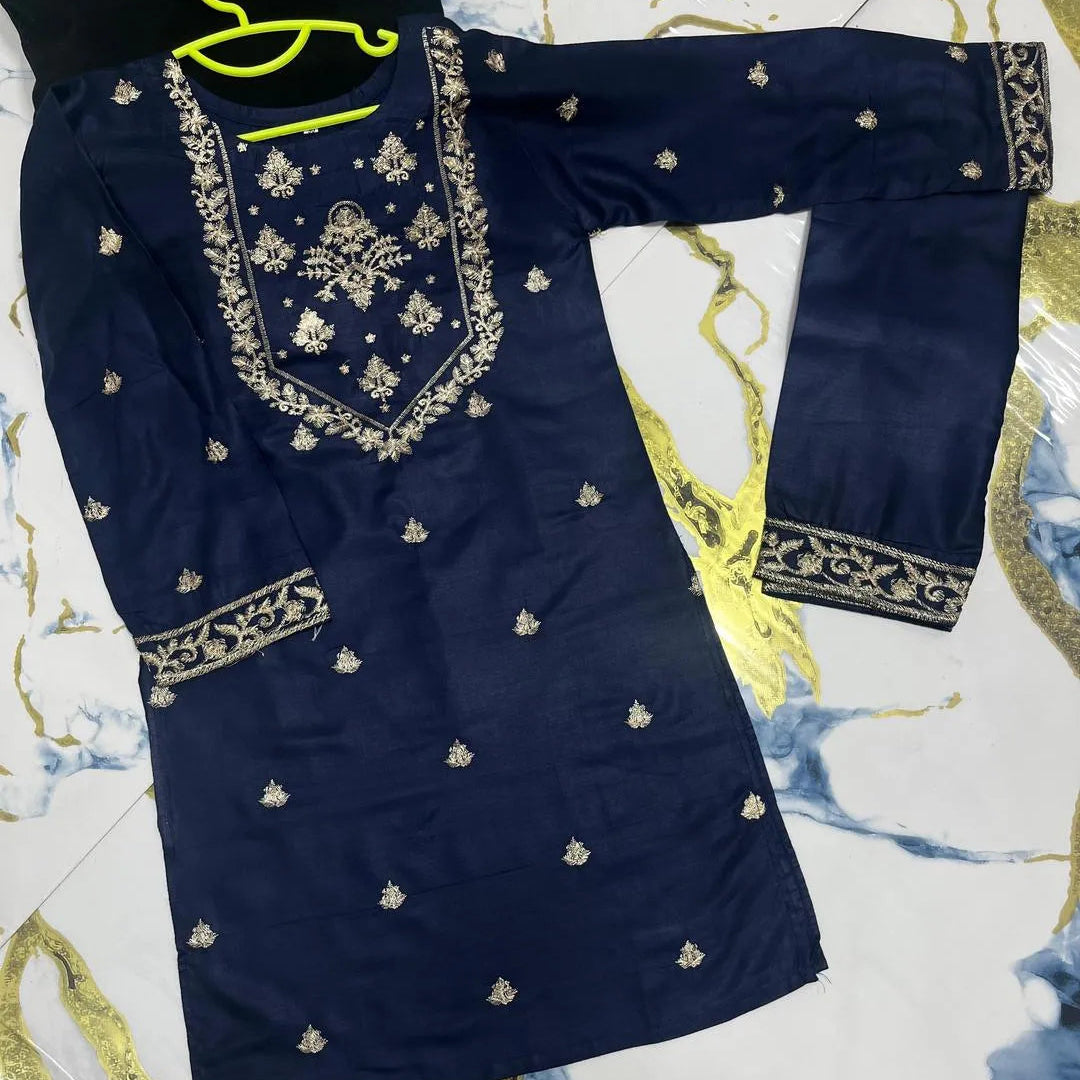 2 Pcs Girl's Linen Embroidered Kurta And Trouser