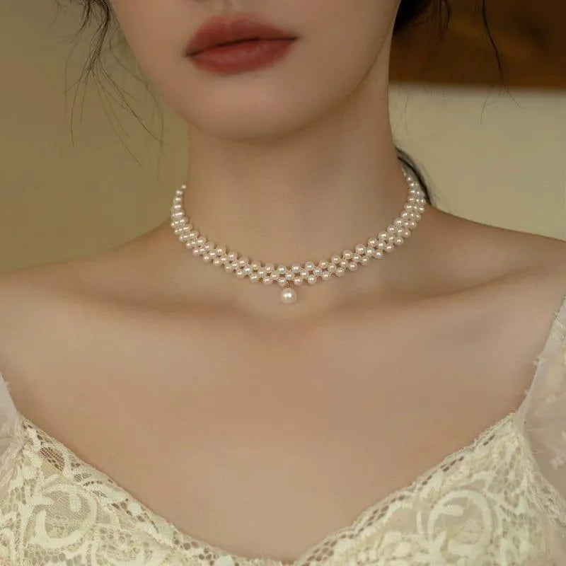 White Pearl Choker With Earrings