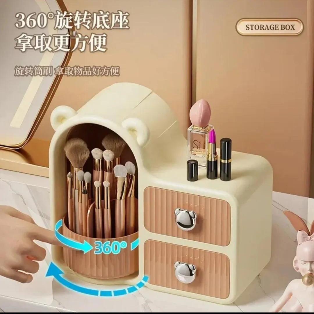 High Quality Rotating Bear Makeup Organizer Stylish Makeup Plastic Storage Box with Drawers Dust Proof Vanity Desktop Case for Cosmetics Skincare Storage Box