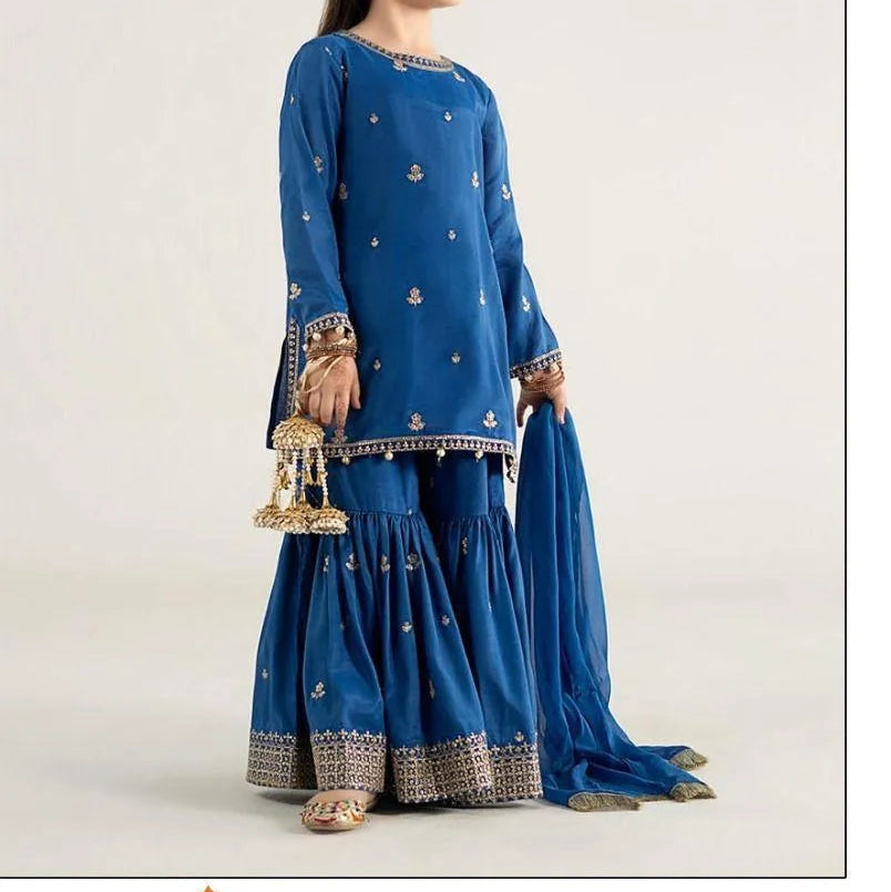 3 Pcs Girl's Dhanak Embroidered Frock And Trouser Set