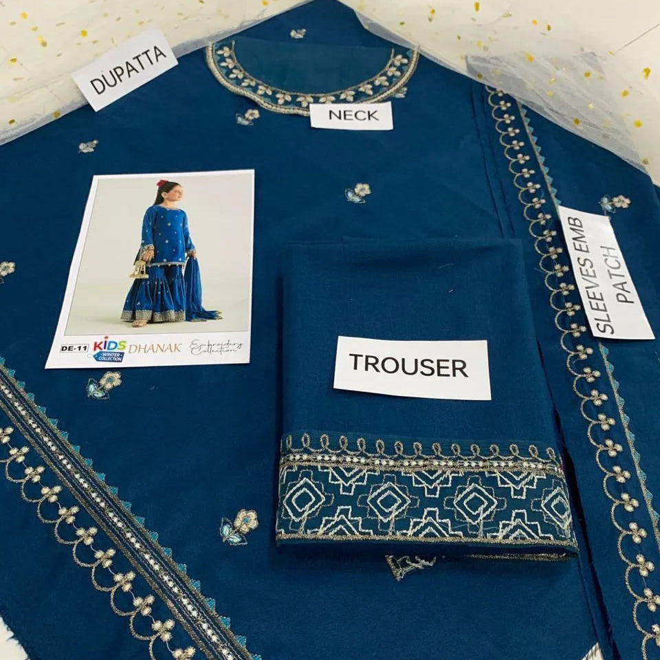 3 Pcs Girl's Dhanak Embroidered Frock And Trouser Set