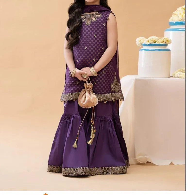 3 Pcs Girl's Dhanak Embroidered Shirt And Trouser Suit