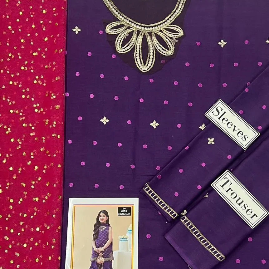 3 Pcs Girl's Dhanak Embroidered Shirt And Trouser Suit